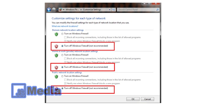 3. Melalui Turn Windows Firewall