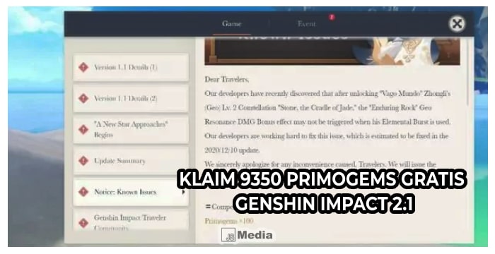 Klaim 9350 Primogems Gratis Genshin Impact 2.1