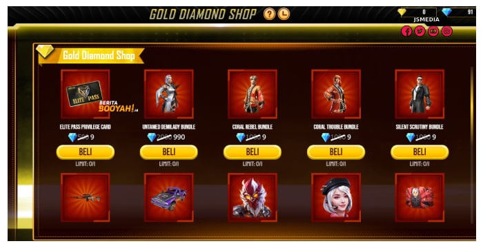 17+ Daftar Item Gold Diamod Shop FF (Elite Pass)